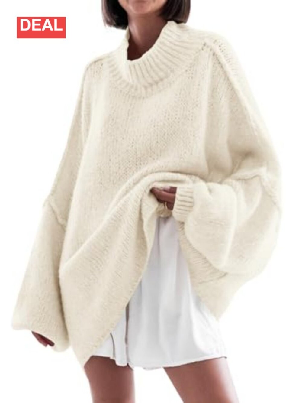 Oversized Mock Neck Tunic Sweater Ribbed Knit Batwing Long Sleeve Pullover